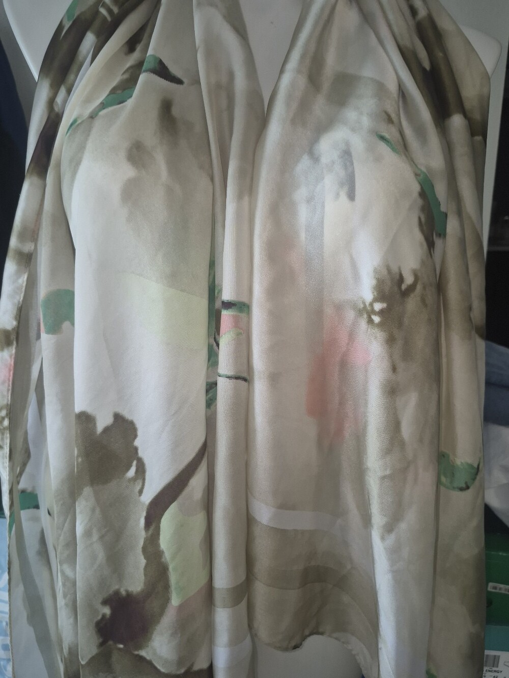 Light Watercolor Print Silk Scarf - Green & Cream Accents
